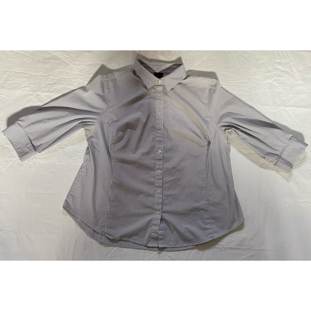 Worthington Top Womens‎ Size 1X Blue White Stripe Button Up Blouse 3/4 Sleeves